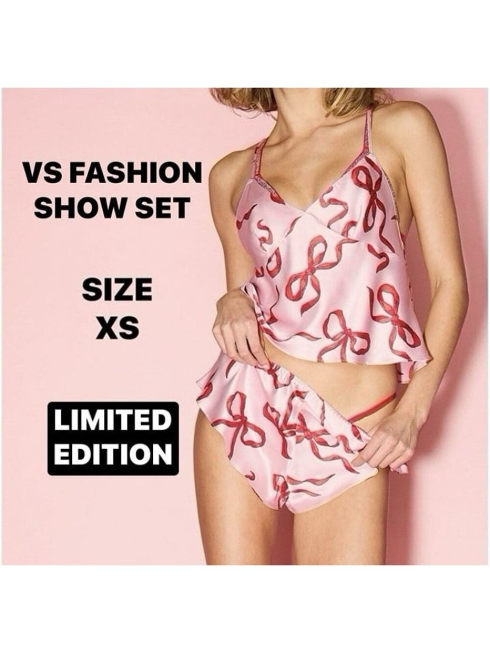 VS FASHION SHOW 2024 NEW SATIN CHALK ROSE & RED BOWS CAMI SHORT SET IN XS